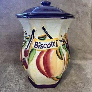 Nonni's Biscotti Cookie Jar with Lid - 10" - Grapes and Peaches - Hand Painted